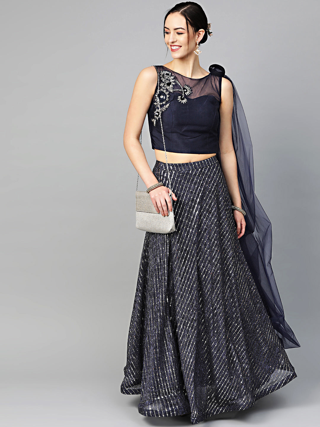 Mirror Work Crop Top Lehenga Choli with Attached Draped Dupatta