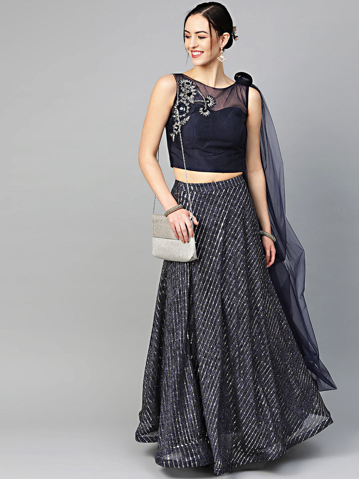 Mirror Work Crop Top Lehenga Choli with Attached Draped Dupatta