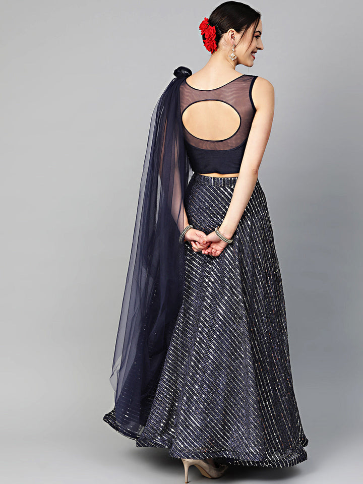 Mirror Work Crop Top Lehenga Choli with Attached Draped Dupatta