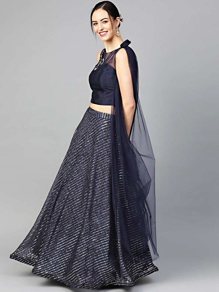 Mirror Work Crop Top Lehenga Choli with Attached Draped Dupatta