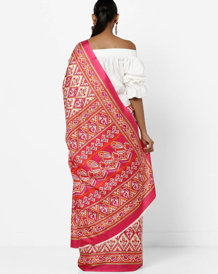 Fuchsia Patola Inspired Crepe Silk Printed  Saree with Ethnic Peacocks and Paisleys