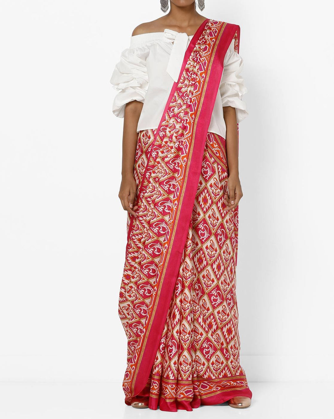 Fuchsia Patola Inspired Crepe Silk Printed  Saree with Ethnic Peacocks and Paisleys