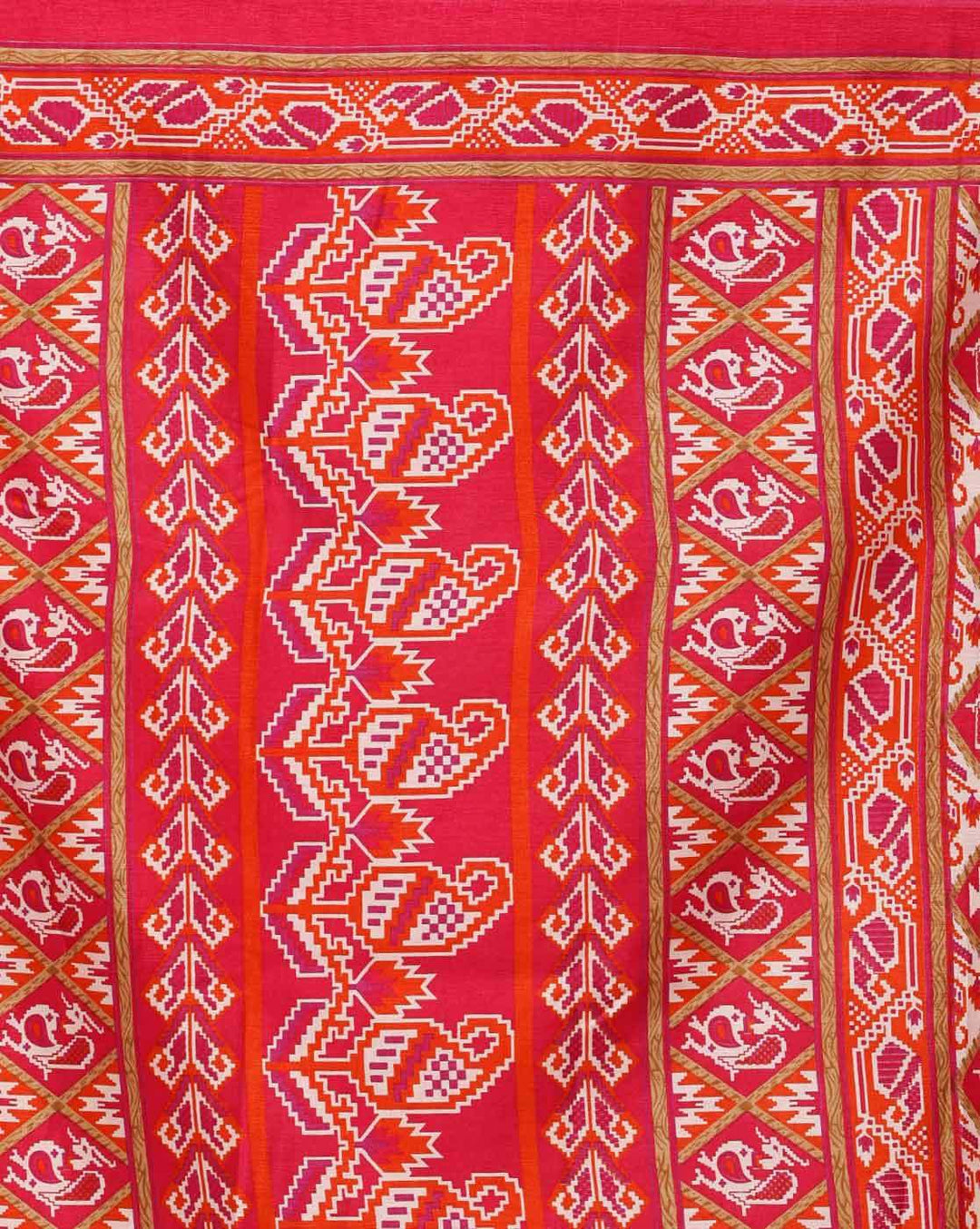 Fuchsia Patola Inspired Crepe Silk Printed  Saree with Ethnic Peacocks and Paisleys
