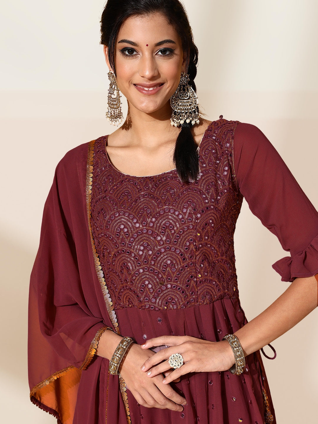 Maroon Mirror Work Embellished High Slit Nyraa Suit with Palazzo