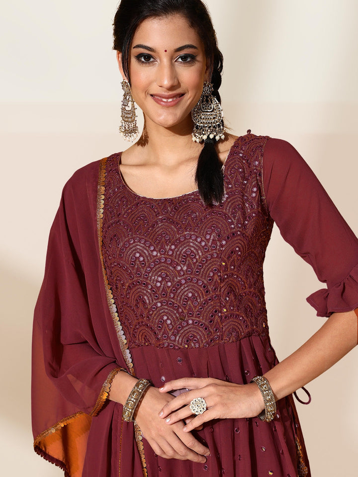 Maroon Mirror Work Embellished High Slit Nyraa Suit with Palazzo