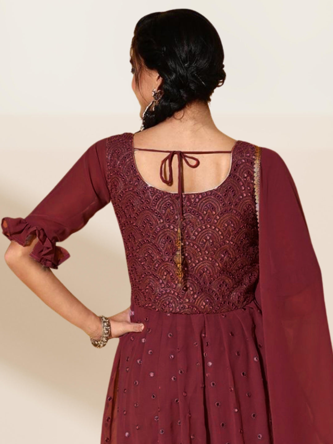 Maroon Mirror Work Embellished High Slit Nyraa Suit with Palazzo