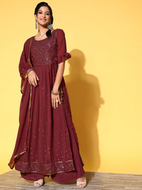 Maroon Mirror Work Embellished High Slit Nyraa Suit with Palazzo