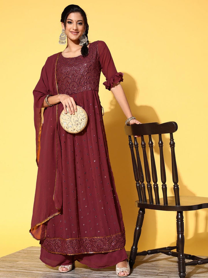 Maroon Mirror Work Embellished High Slit Nyraa Suit with Palazzo