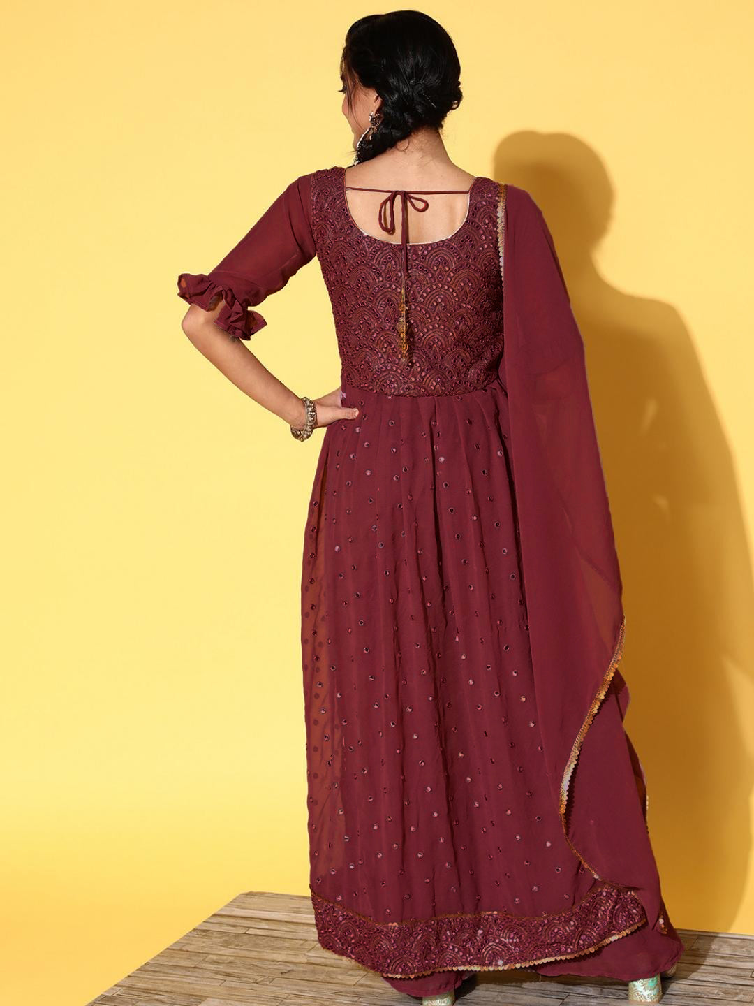 Maroon Mirror Work Embellished High Slit Nyraa Suit with Palazzo