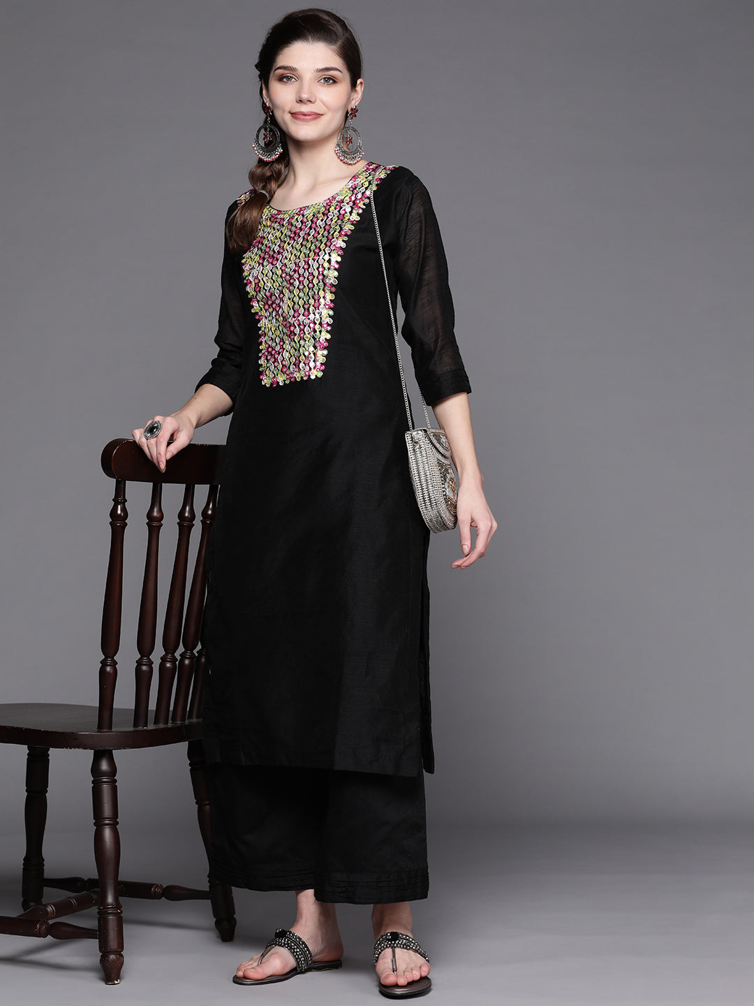 Black Kurta Palazzo Set With Gotta patti Embroidery Neckline & laces