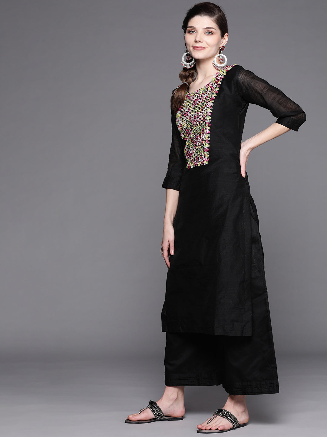 Black Kurta Palazzo Set With Gotta patti Embroidery Neckline & laces