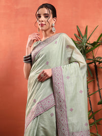 Chhabra 555 Pastel Banarasi Chanderi Jute Cotton Saree with Resham Contrast Weaving & Tassels 