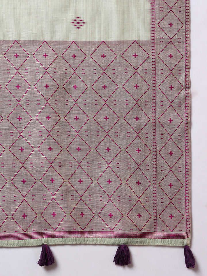 Pastel Banarasi Chanderi Jute Cotton Saree with Resham Contrast Weaving & Tassels