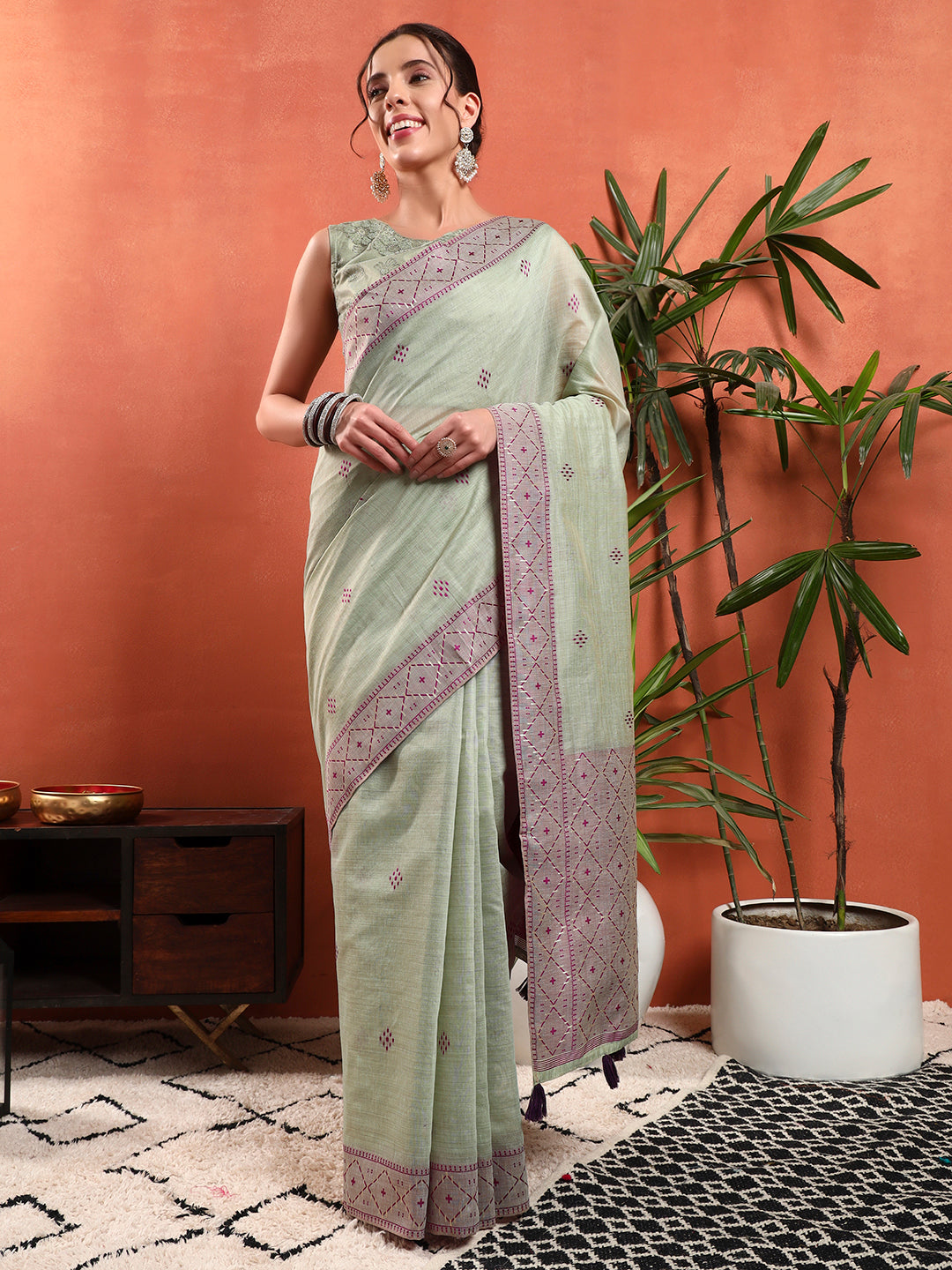 Pastel Banarasi Chanderi Jute Cotton Saree with Resham Contrast Weaving & Tassels