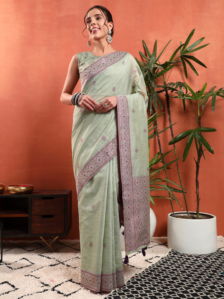 Pastel Banarasi Chanderi Jute Cotton Saree with Resham Contrast Weaving & Tassels