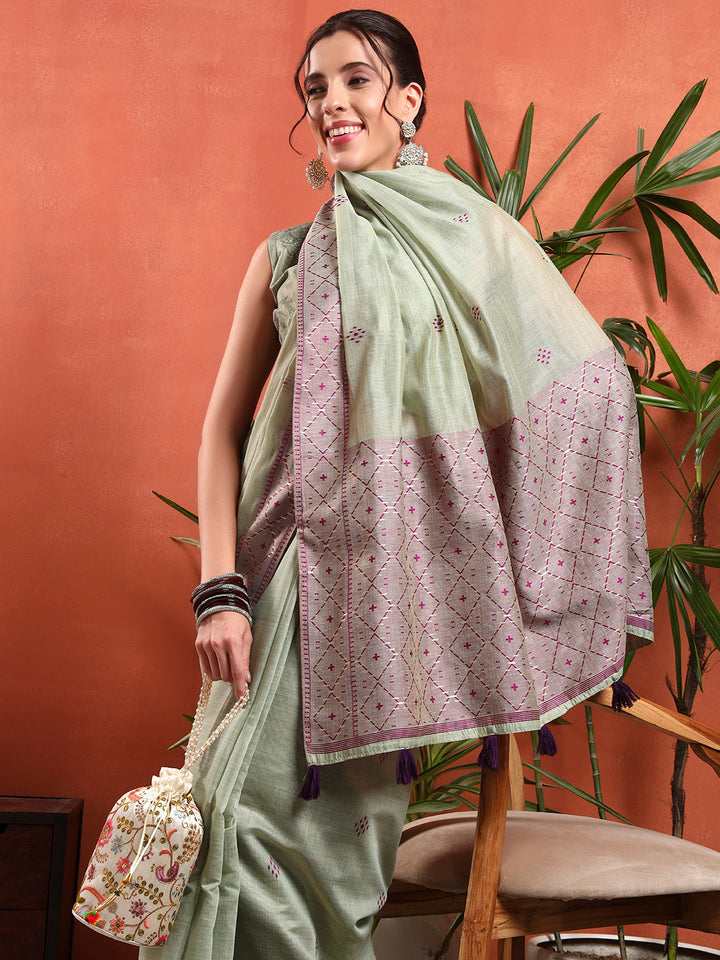 Pastel Banarasi Chanderi Jute Cotton Saree with Resham Contrast Weaving & Tassels