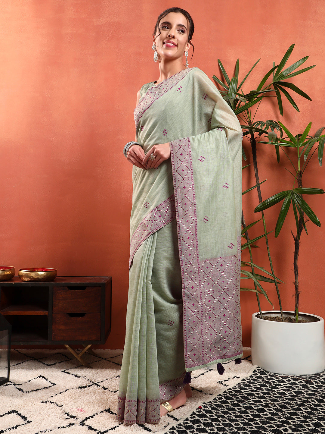 Pastel Banarasi Chanderi Jute Cotton Saree with Resham Contrast Weaving & Tassels