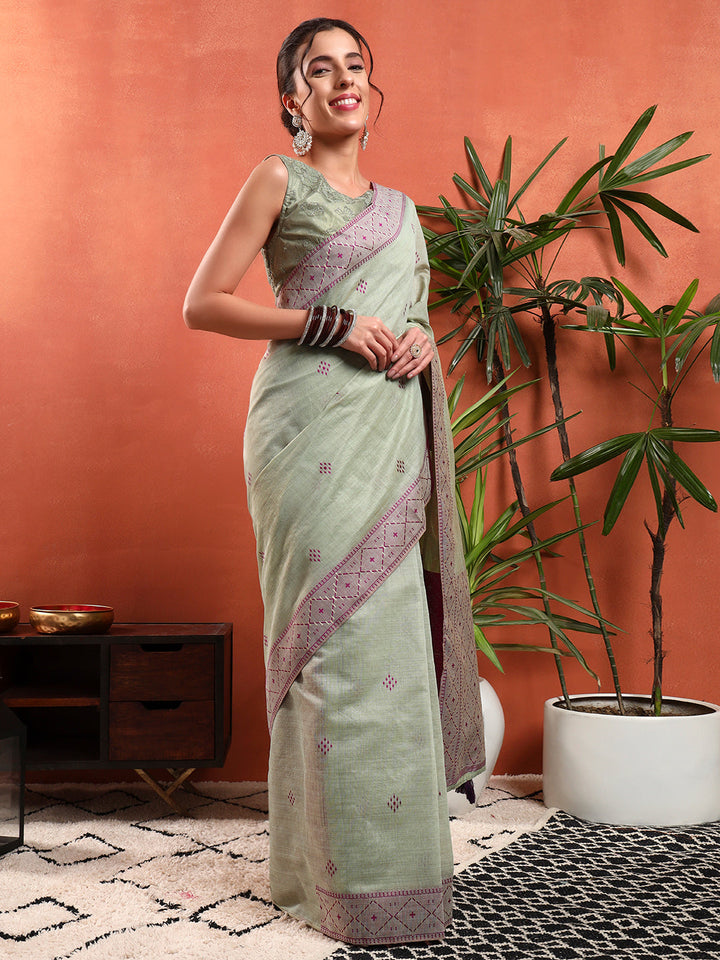 Pastel Banarasi Chanderi Jute Cotton Saree with Resham Contrast Weaving & Tassels