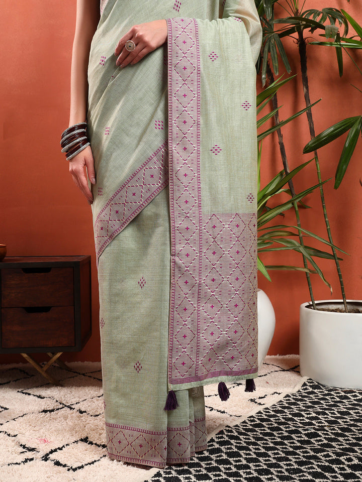 Pastel Banarasi Chanderi Jute Cotton Saree with Resham Contrast Weaving & Tassels