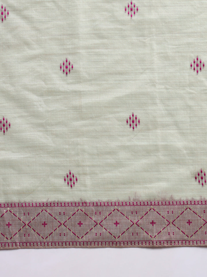 Pastel Banarasi Chanderi Jute Cotton Saree with Resham Contrast Weaving & Tassels