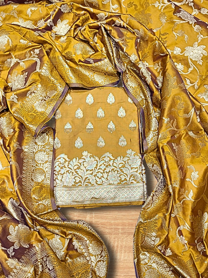 Banarasi Satin Silk Dress Material with Floral Zari Weave & Tasseled dupatta