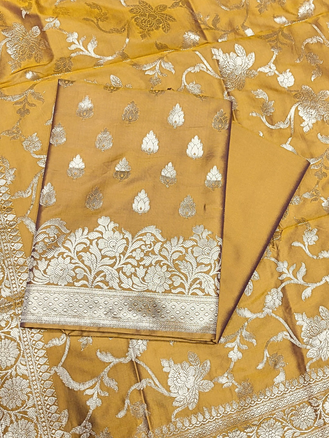 Banarasi Satin Silk Dress Material with Floral Zari Weave & Tasseled dupatta