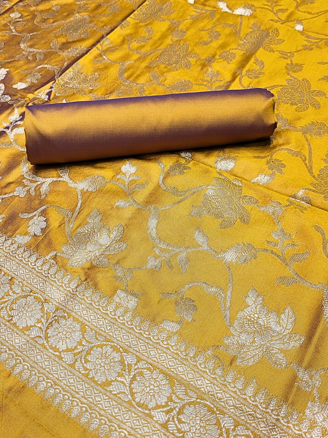 Banarasi Satin Silk Dress Material with Floral Zari Weave & Tasseled dupatta