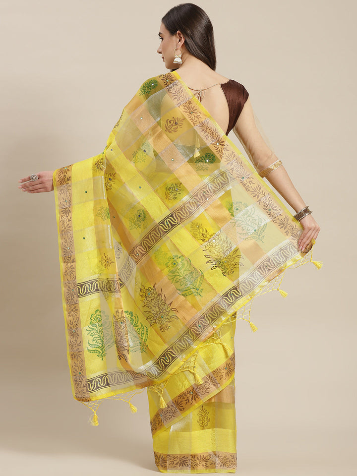 Block Printed Saree with striped Zari Weaving & Mirror Embellishments
