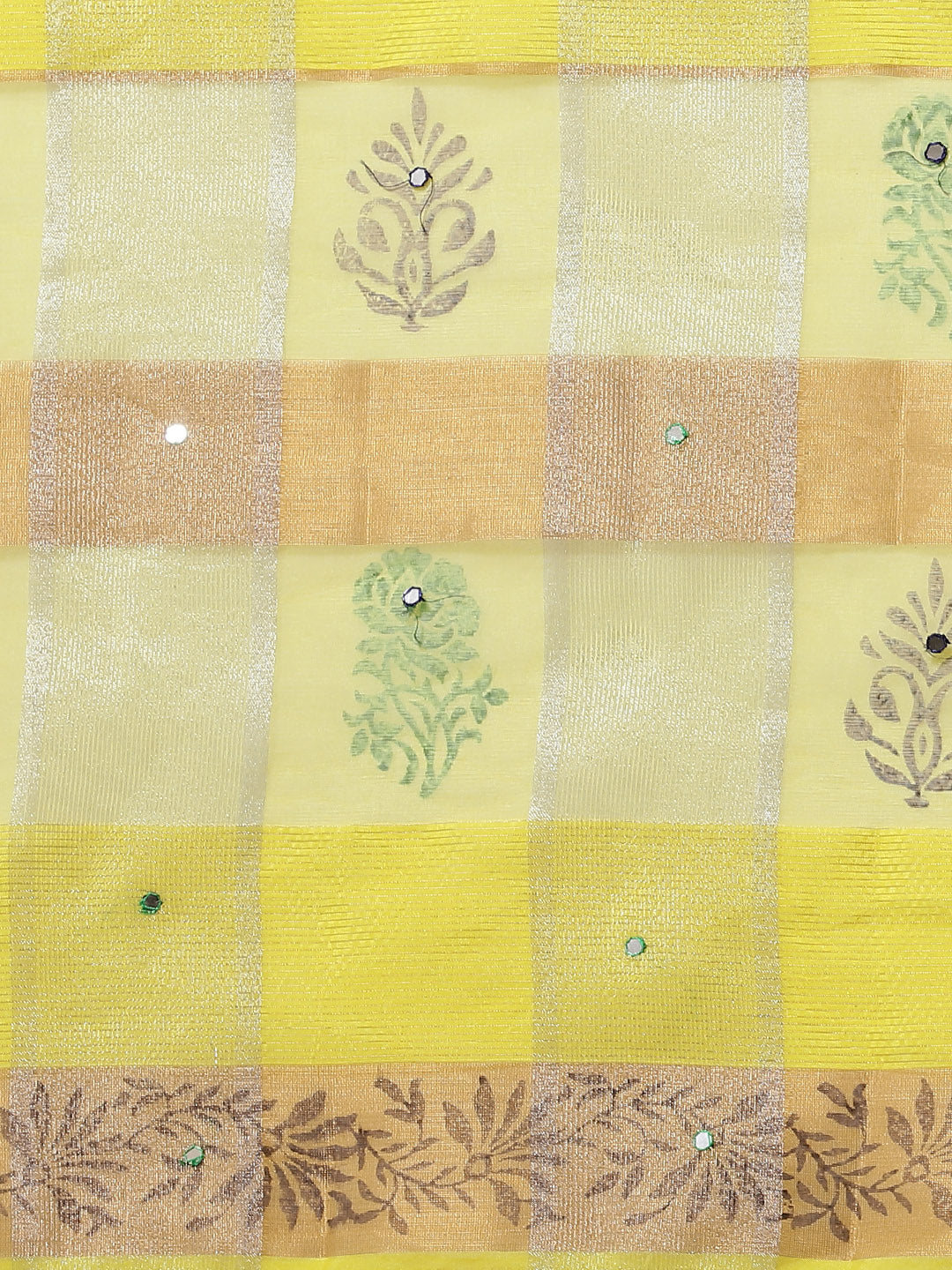 Block Printed Saree with striped Zari Weaving & Mirror Embellishments