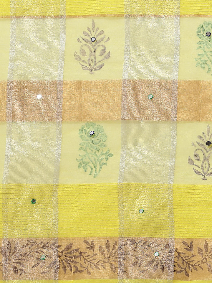 Block Printed Saree with striped Zari Weaving & Mirror Embellishments
