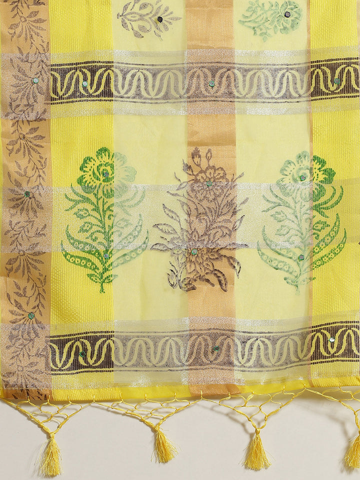 Block Printed Saree with striped Zari Weaving & Mirror Embellishments