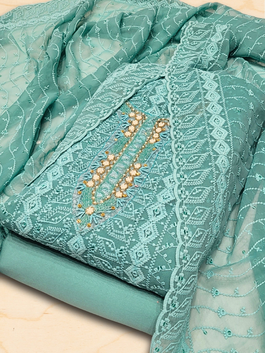 Chhabra 555 Chikankari Schiffli Dress Material with Mirror, Cut-Dana Embroidery & Scalloped Lace