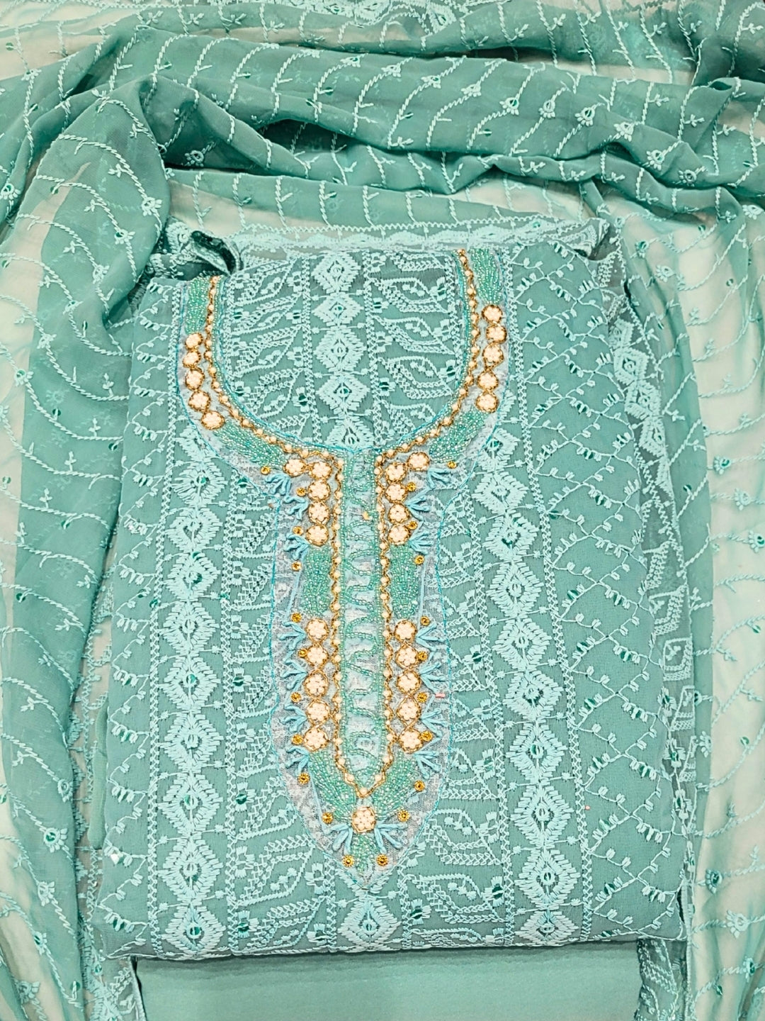 Chikankari Schiffli Dress Material with Mirror, Cut-Dana Embroidery & Scalloped Lace