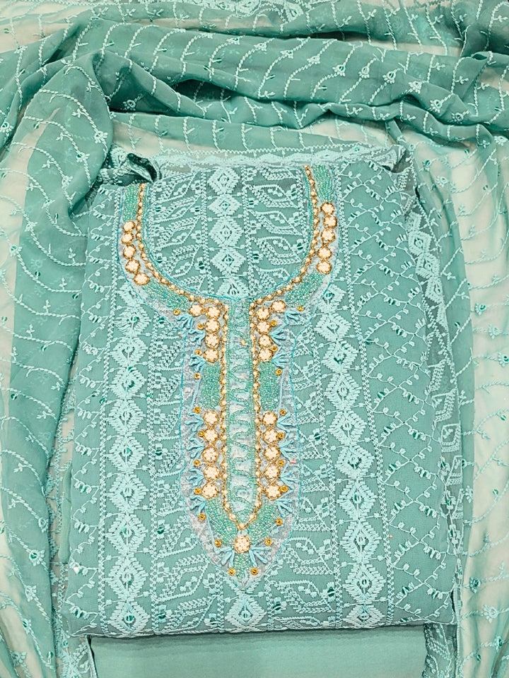 Chikankari Schiffli Dress Material with Mirror, Cut-Dana Embroidery & Scalloped Lace