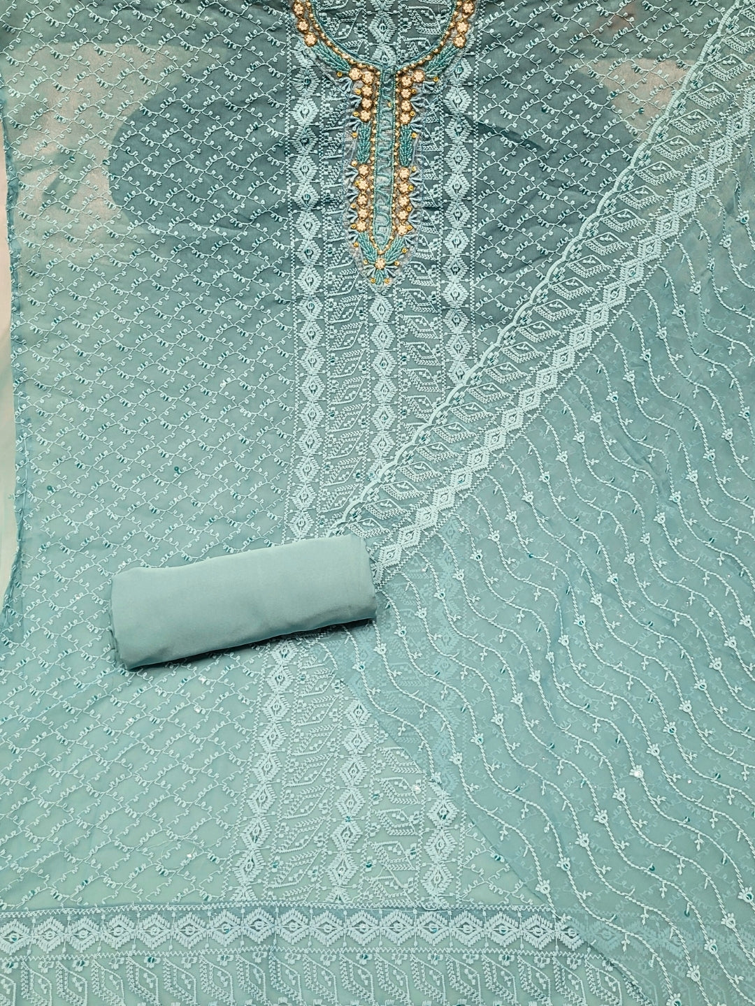 Chikankari Schiffli Dress Material with Mirror, Cut-Dana Embroidery & Scalloped Lace