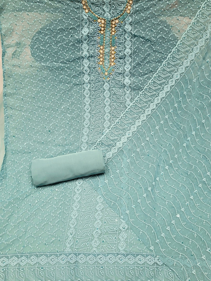 Chikankari Schiffli Dress Material with Mirror, Cut-Dana Embroidery & Scalloped Lace