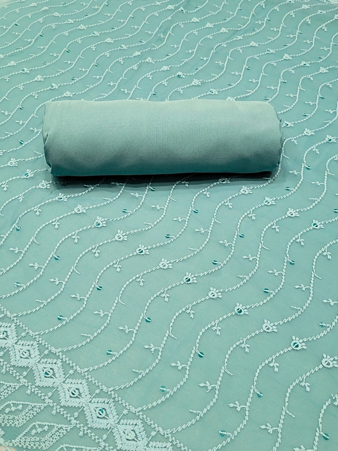 Chikankari Schiffli Dress Material with Mirror, Cut-Dana Embroidery & Scalloped Lace