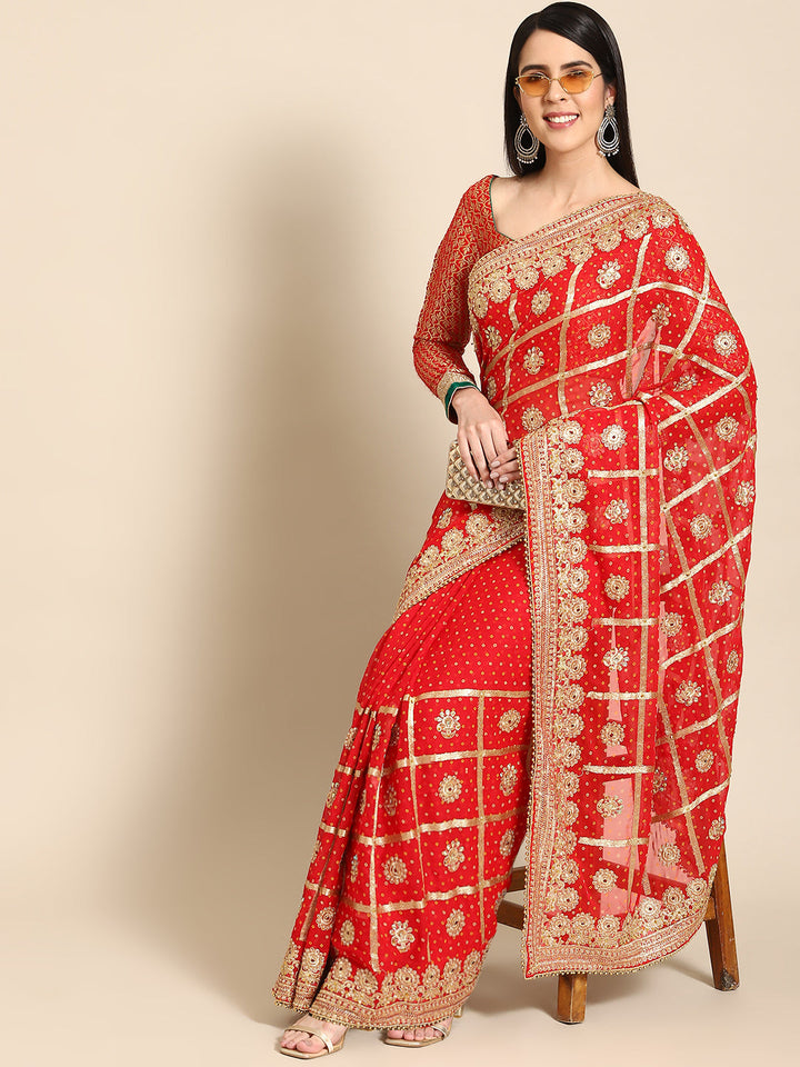 Red Bandhani Stone Beads Embellished Heavy Bridal Chiffon Saree