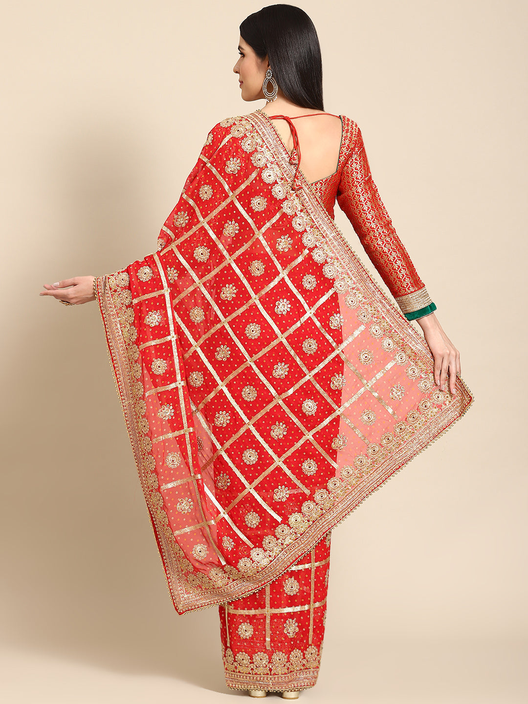 Red Bandhani Stone Beads Embellished Heavy Bridal Chiffon Saree