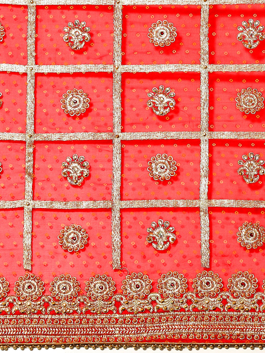 Red Bandhani Stone Beads Embellished Heavy Bridal Chiffon Saree