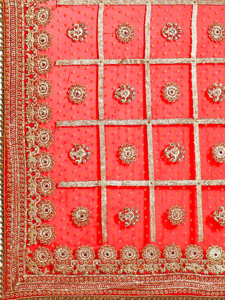 Red Bandhani Stone Beads Embellished Heavy Bridal Chiffon Saree
