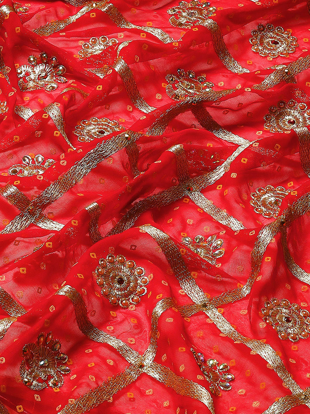 Red Bandhani Stone Beads Embellished Heavy Bridal Chiffon Saree