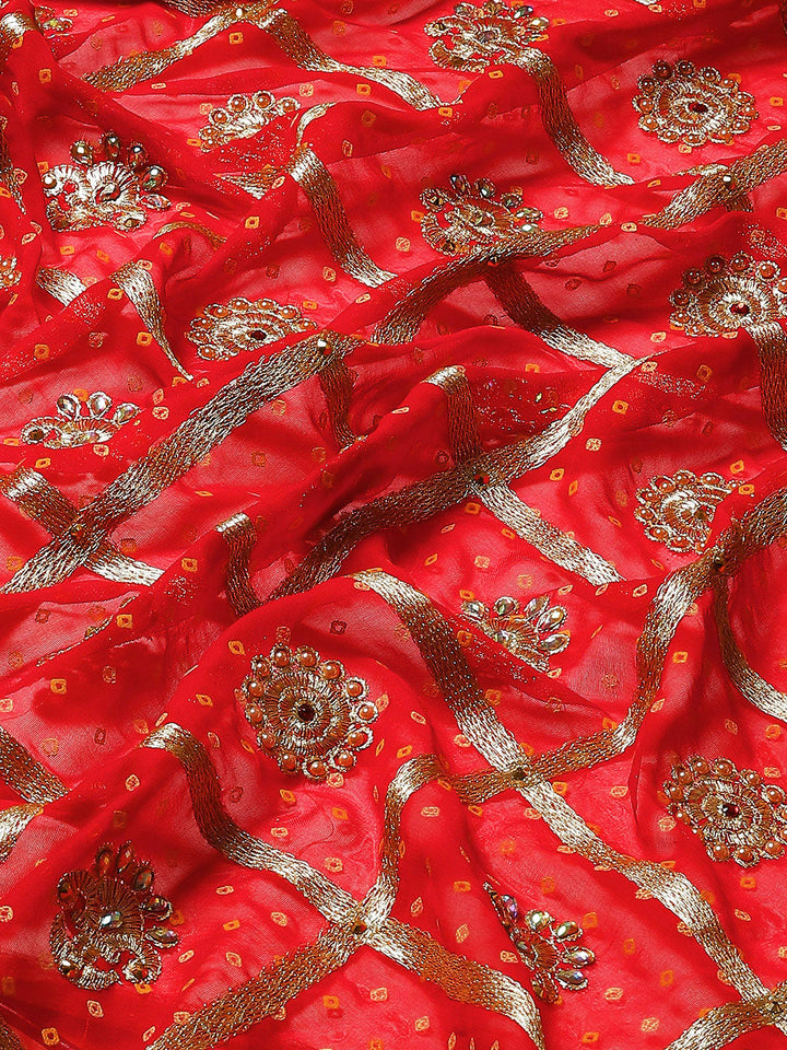Red Bandhani Stone Beads Embellished Heavy Bridal Chiffon Saree
