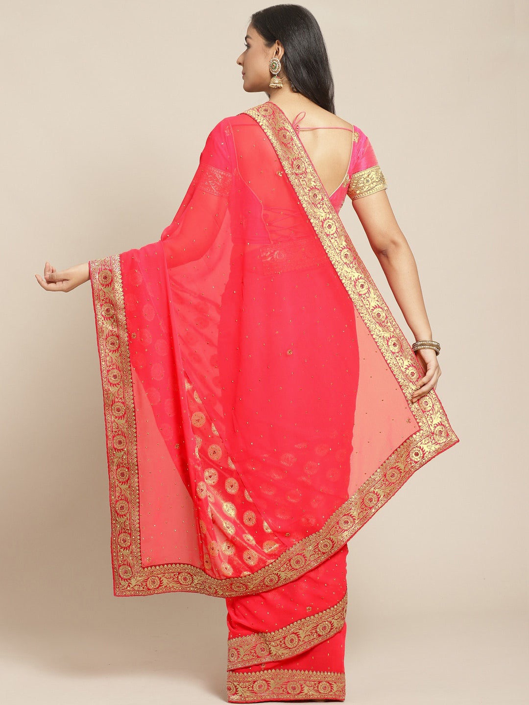 Coral Pink Embellished Georgette Saree with Banarasi Brocade Woven Border