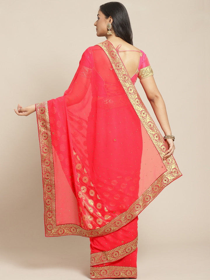 Coral Pink Embellished Georgette Saree with Banarasi Brocade Woven Border