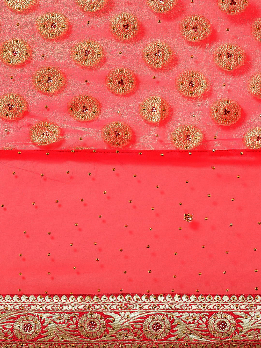 Coral Pink Embellished Georgette Saree with Banarasi Brocade Woven Border