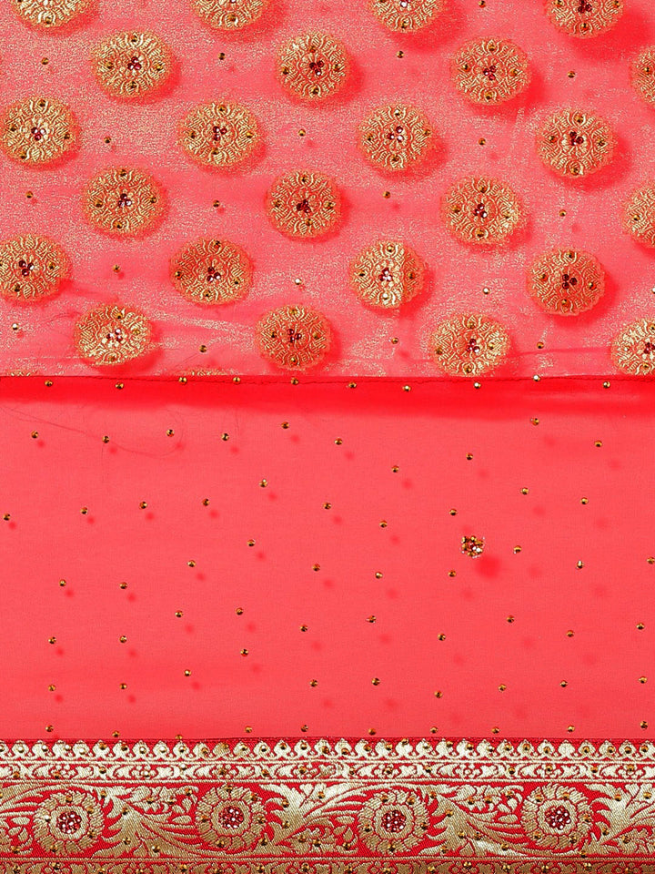 Coral Pink Embellished Georgette Saree with Banarasi Brocade Woven Border