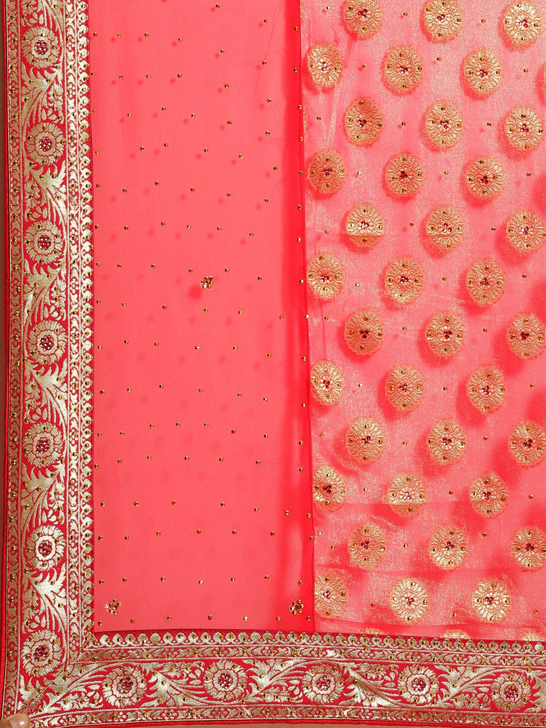 Coral Pink Embellished Georgette Saree with Banarasi Brocade Woven Border