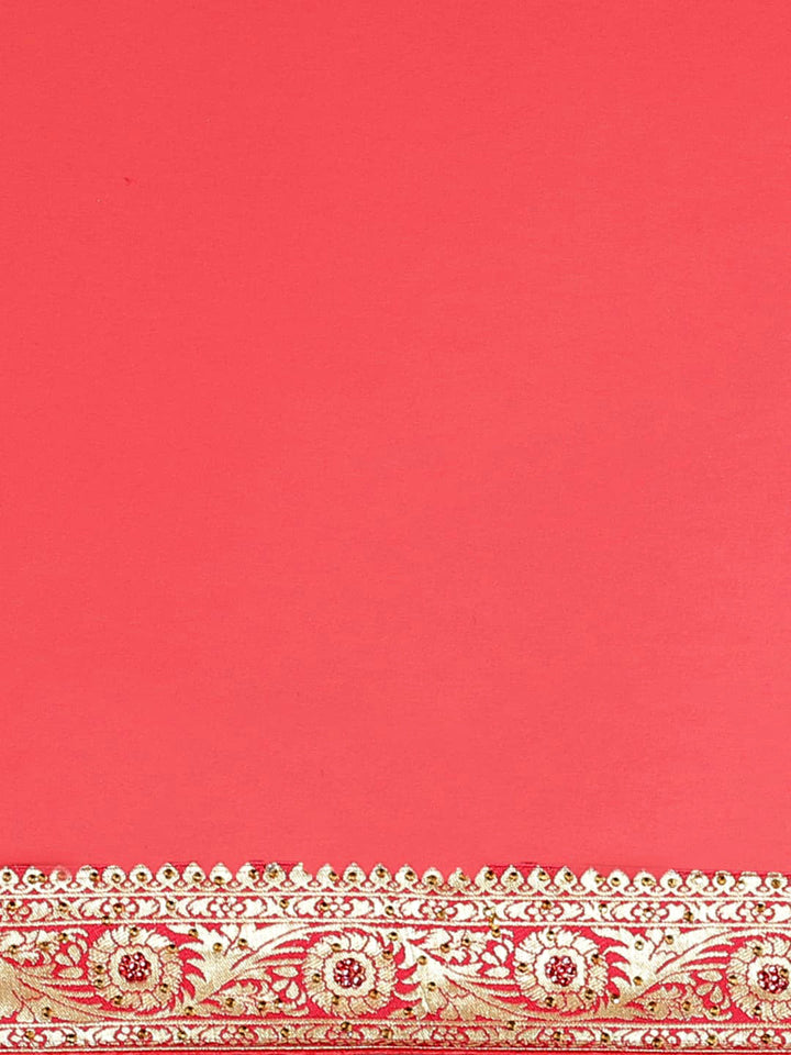 Coral Pink Embellished Georgette Saree with Banarasi Brocade Woven Border