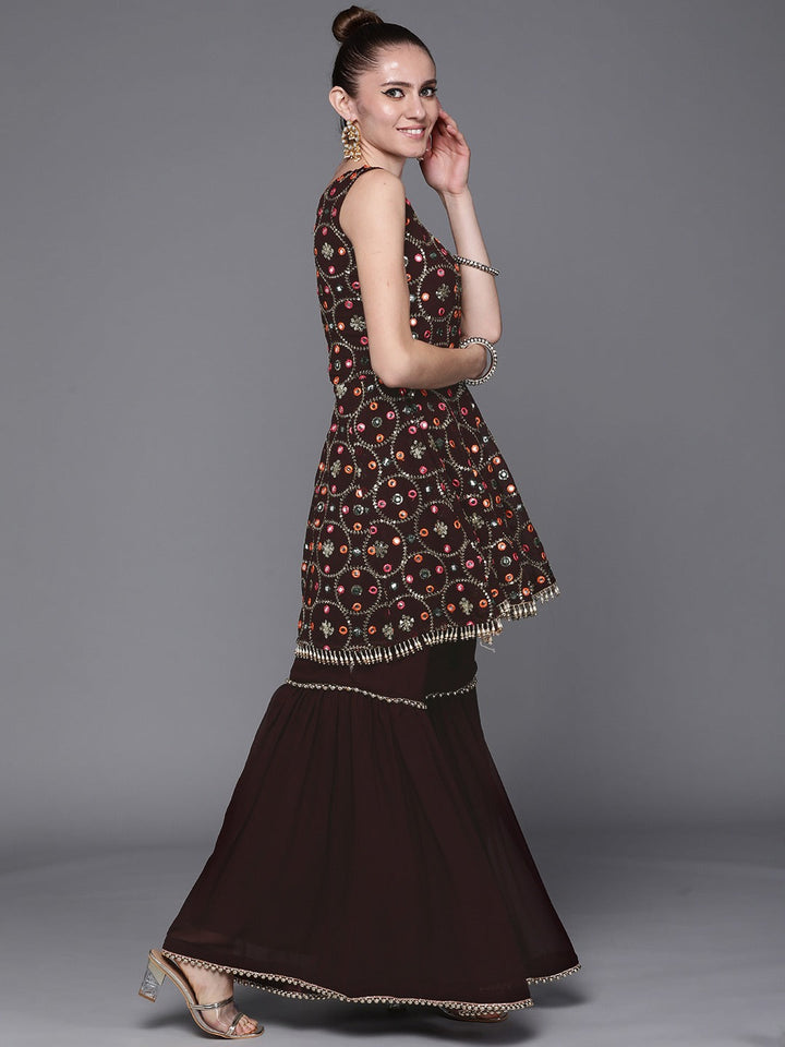 Made to Measure Sequence & Mirror Embroidery Peplum Sharara Suit Set With Pearl Tassels